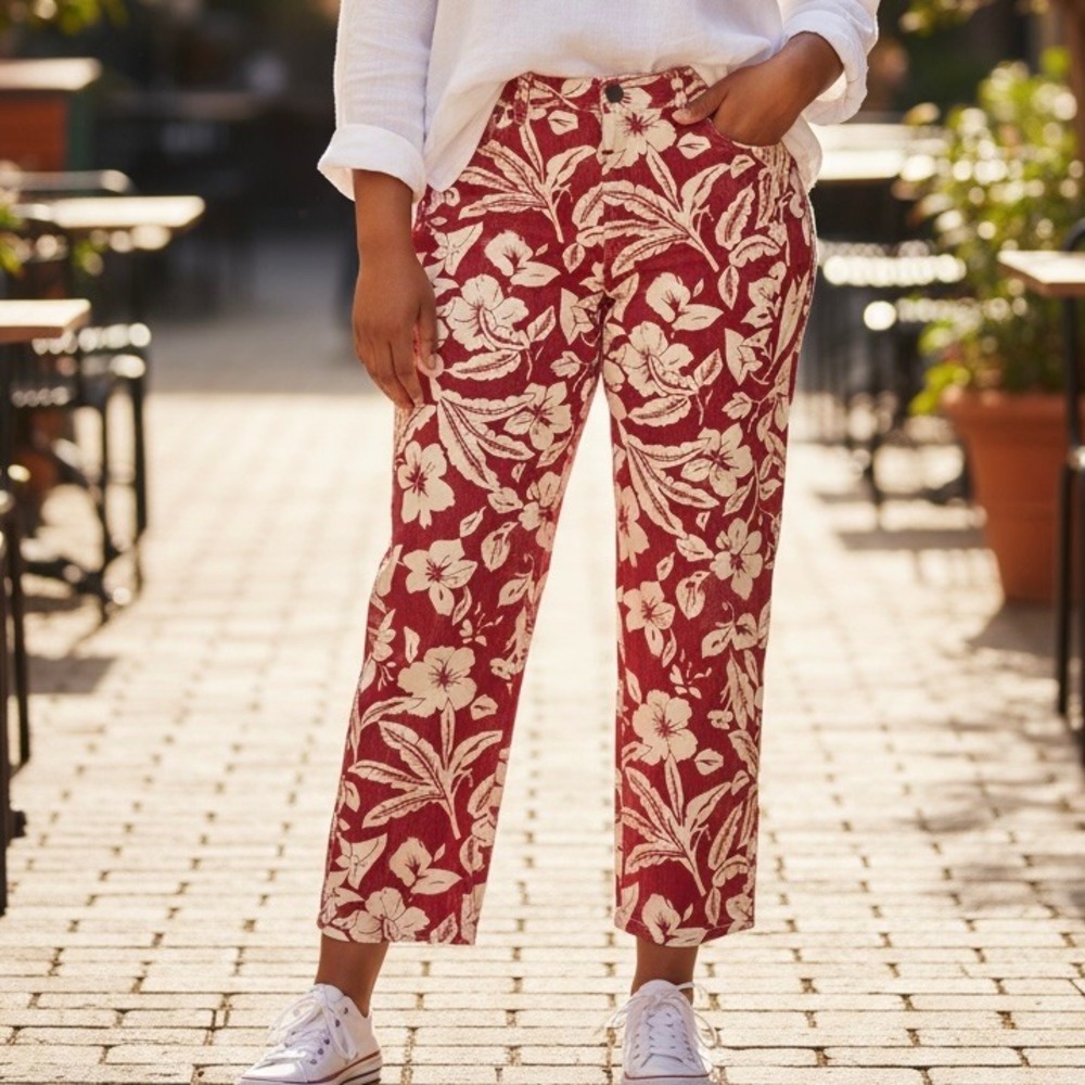 Bill Blass‎ Perfect Fit Red Floral Print Cropped Jeans Womens Size 10 NWT